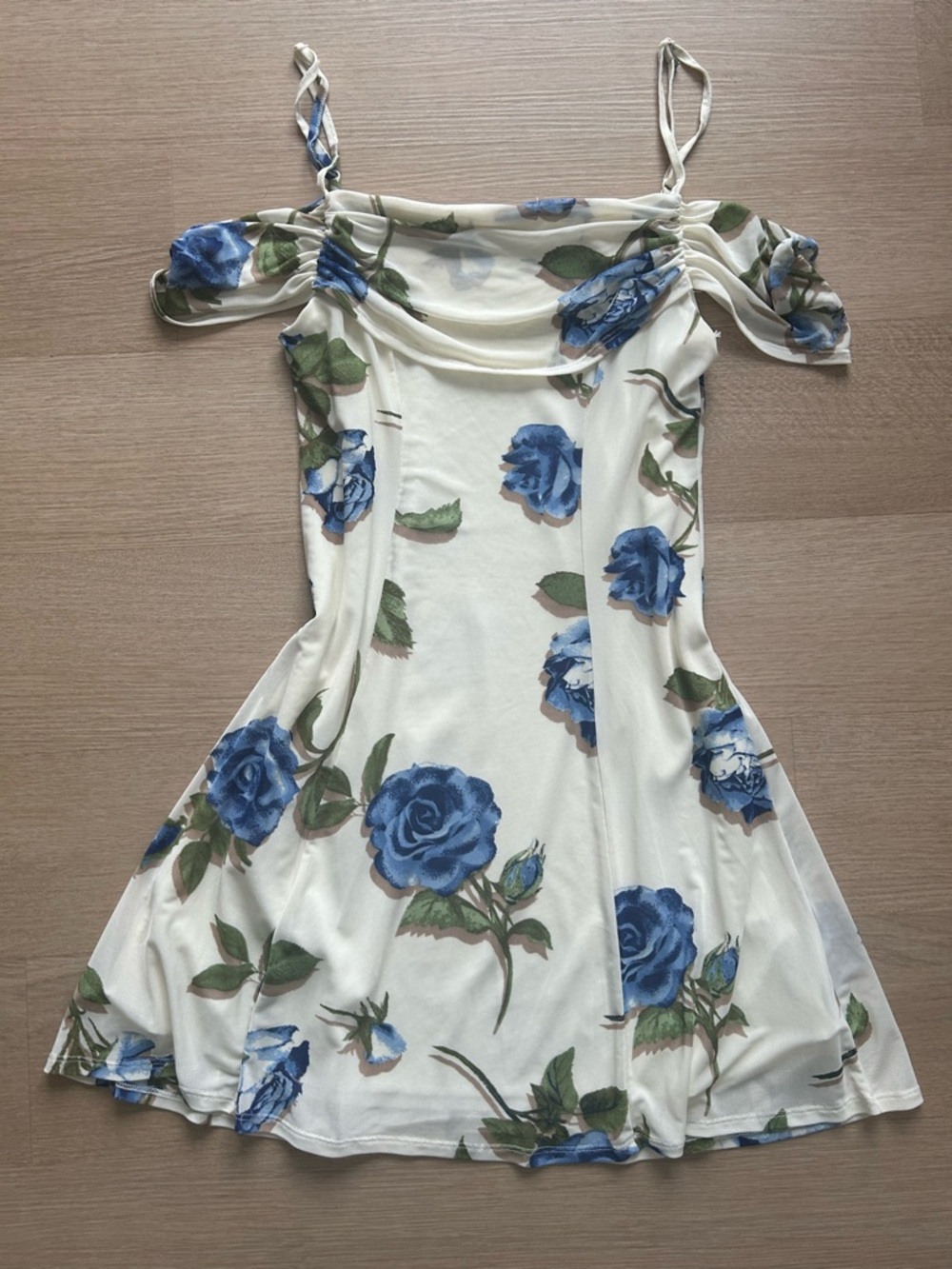 Cream Mini Dress with Blue Rose Print